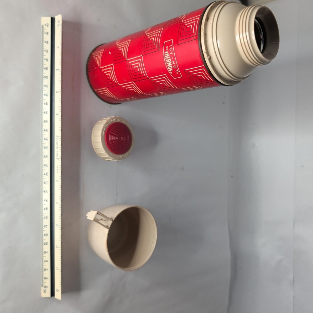 Vintage Thermos Red Geometric Insulated Bottle Icy Hot Cup Lid Hot Cold Retro